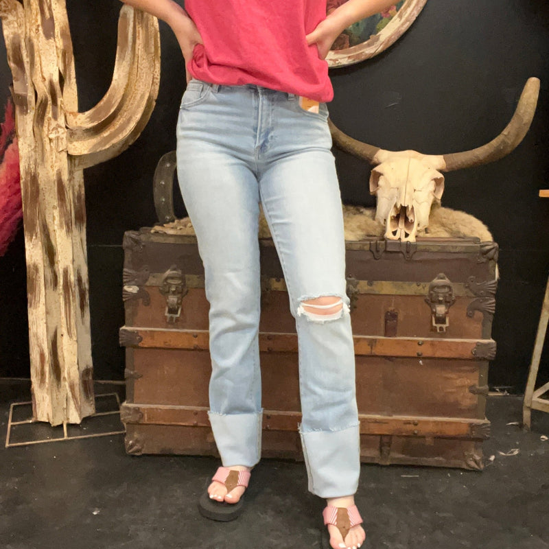 Lightwash High Rise Distressed Knee Straight - Wide Cuffed Risen Jeans - Country Lace Boutique