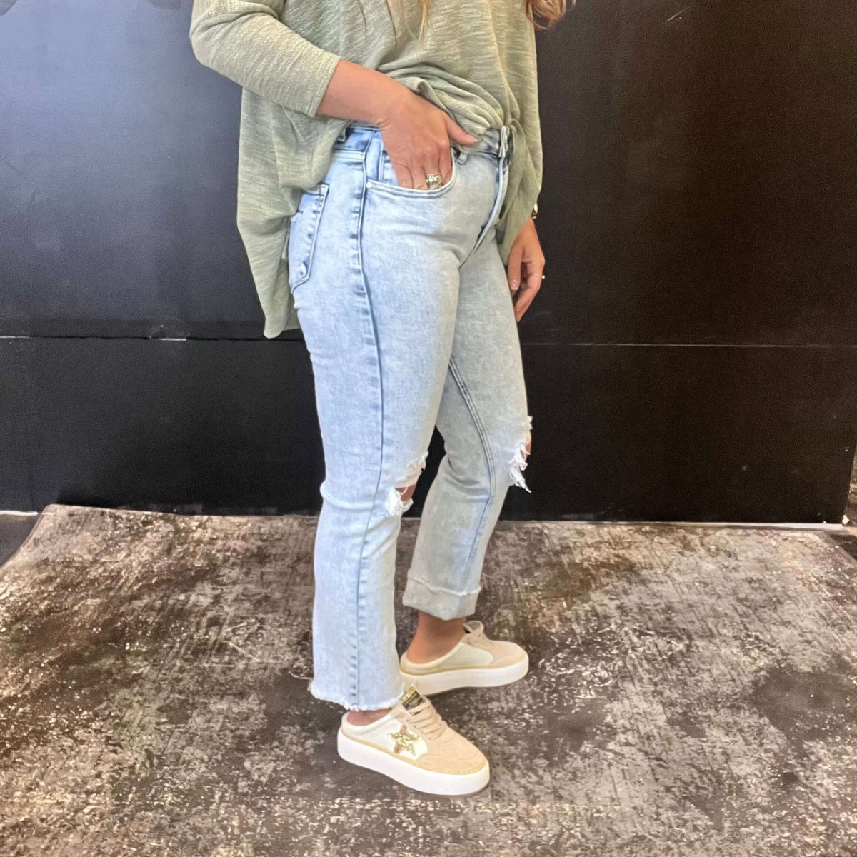 Lightwash Straight Distressed Leg Risen Jeans - Country Lace Boutique