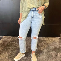 Lightwash Straight Distressed Leg Risen Jeans - Country Lace Boutique