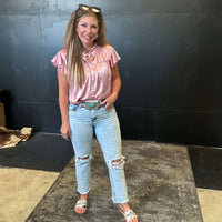 Lightwash Straight Distressed Leg Risen Jeans - Country Lace Boutique