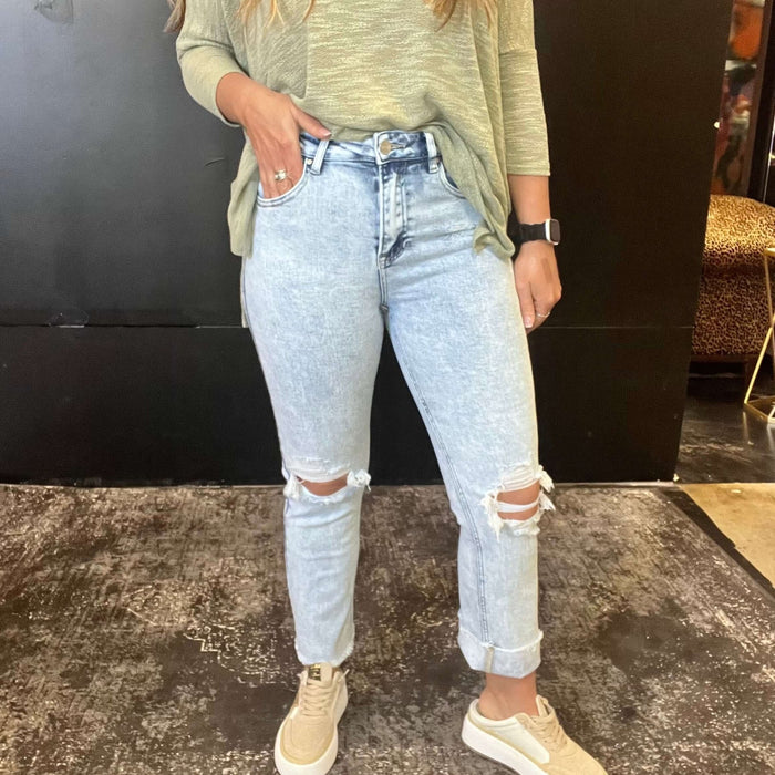 Lightwash Straight Distressed Leg Risen Jeans - Country Lace Boutique