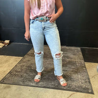 Lightwash Straight Distressed Leg Risen Jeans - Country Lace Boutique