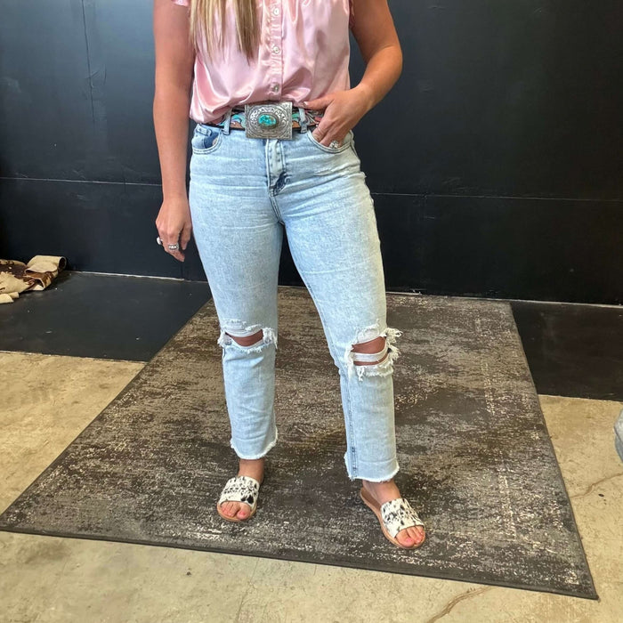 Lightwash Straight Distressed Leg Risen Jeans - Country Lace Boutique