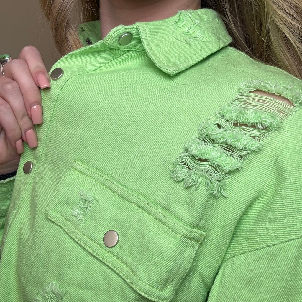 Lime Green Distressed Shacket Button Down Jacket - Country Lace Boutique