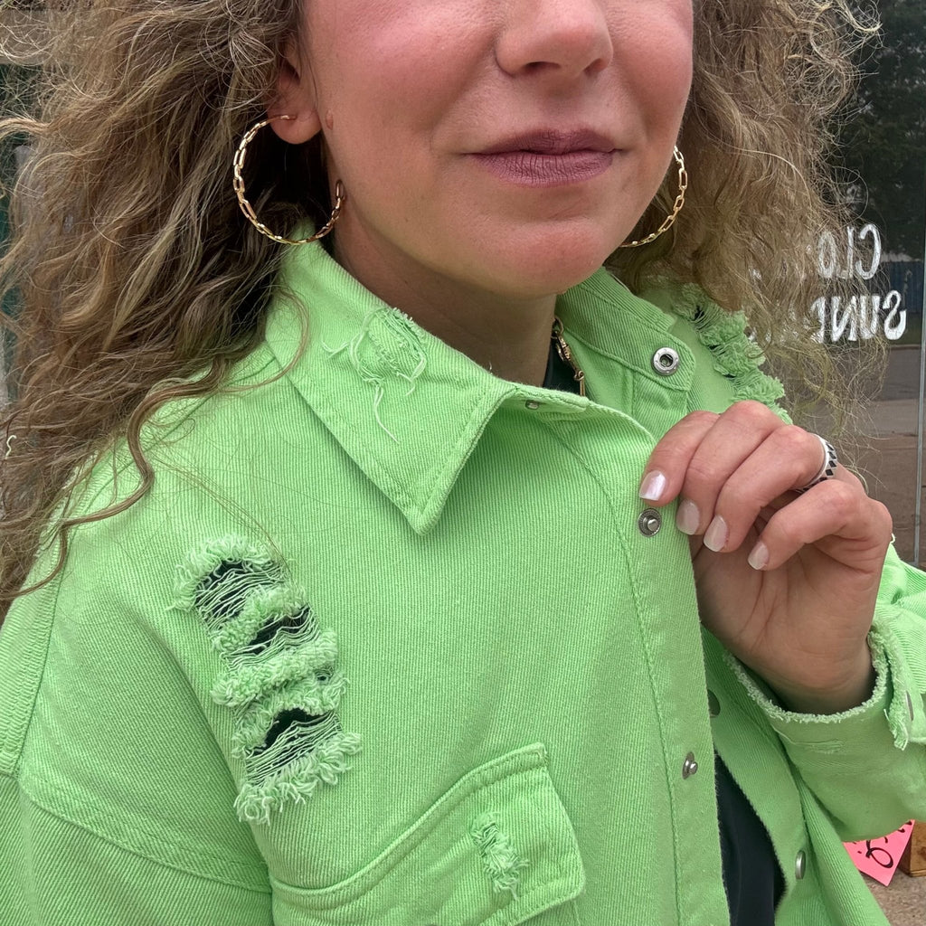 Lime Green Distressed Shacket Button Down Jacket - Country Lace Boutique