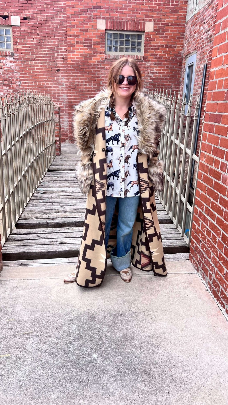 Long Tan and Brown Fur Duster/Jacket. - Country Lace Boutique