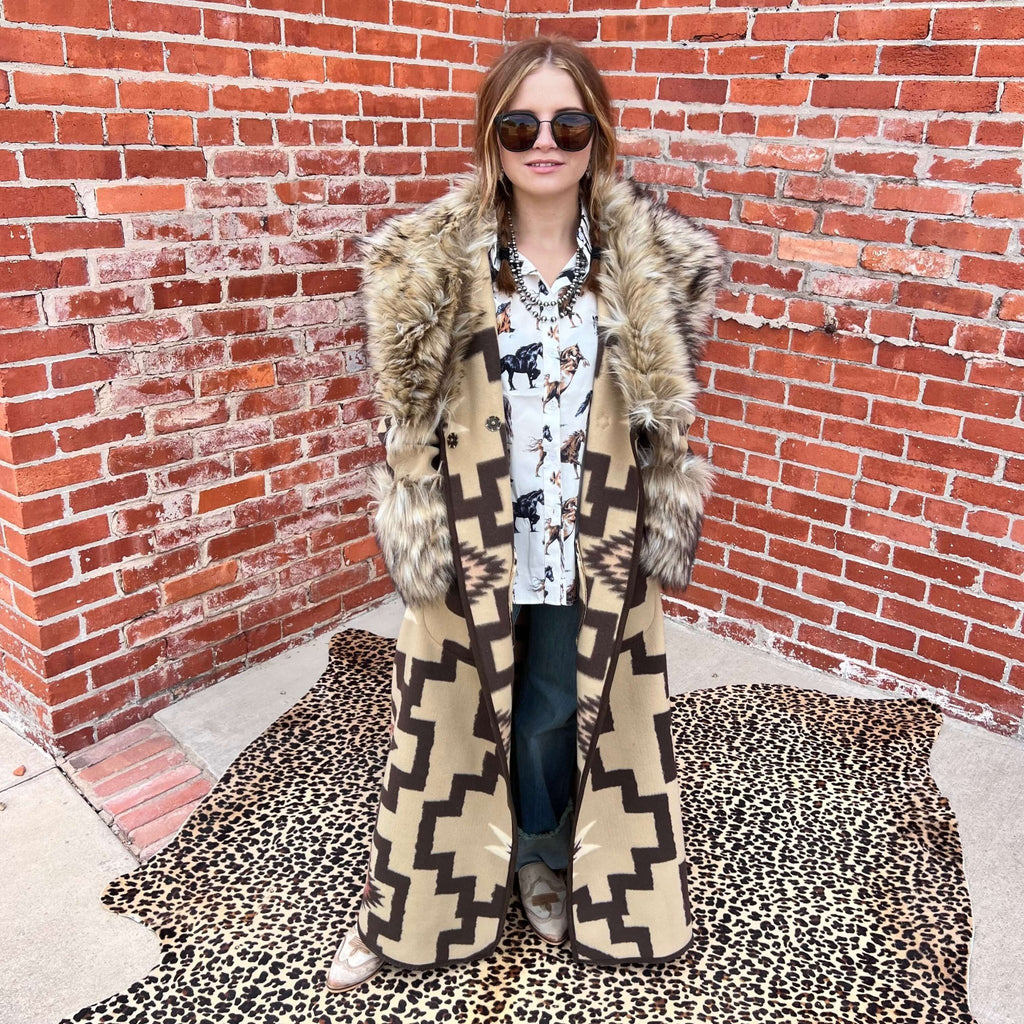 Long Tan and Brown Fur Duster/Jacket. - Country Lace Boutique