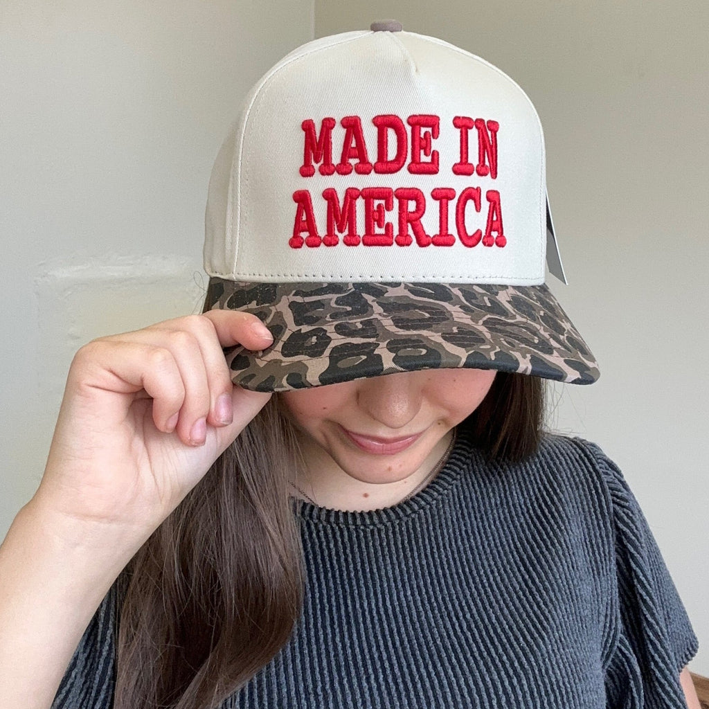Made In America Red & Cream w/ Leopard Bill Hat - Country Lace Boutique