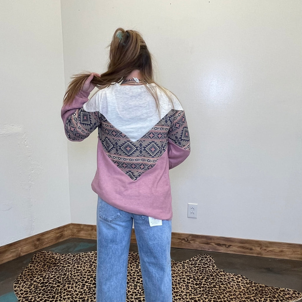 Mauve & Aztec Chevron Design Long Bubble Sleeve Top - Country Lace Boutique