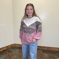 Mauve & Aztec Chevron Design Long Bubble Sleeve Top - Country Lace Boutique