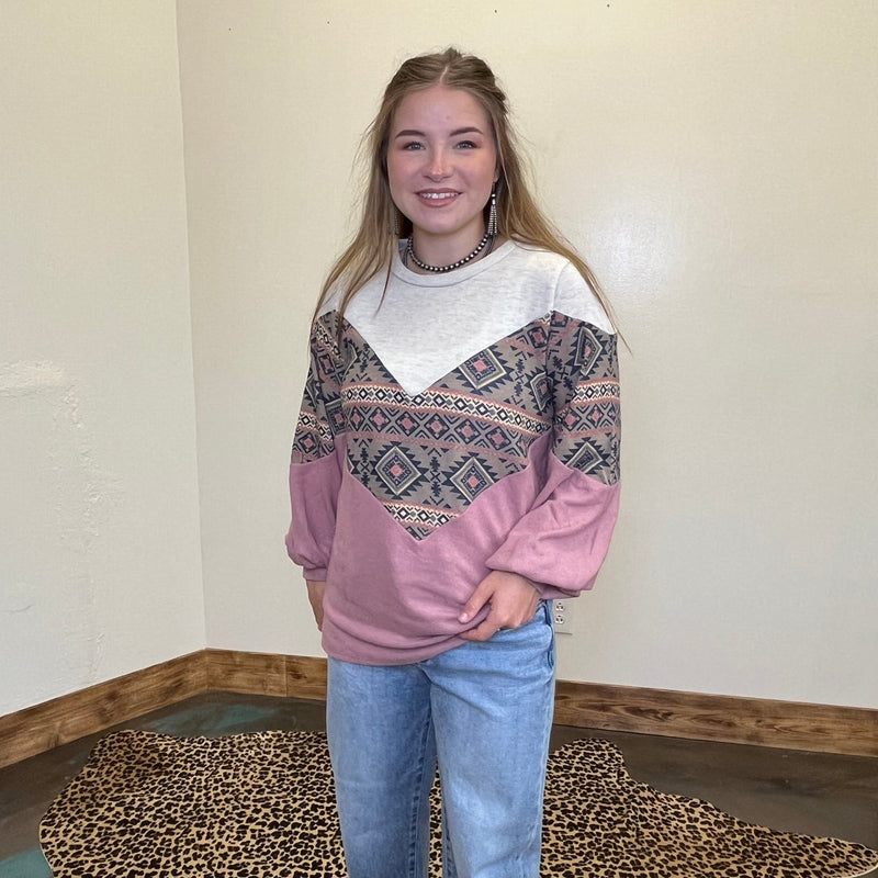 Mauve & Aztec Chevron Design Long Bubble Sleeve Top - Country Lace Boutique