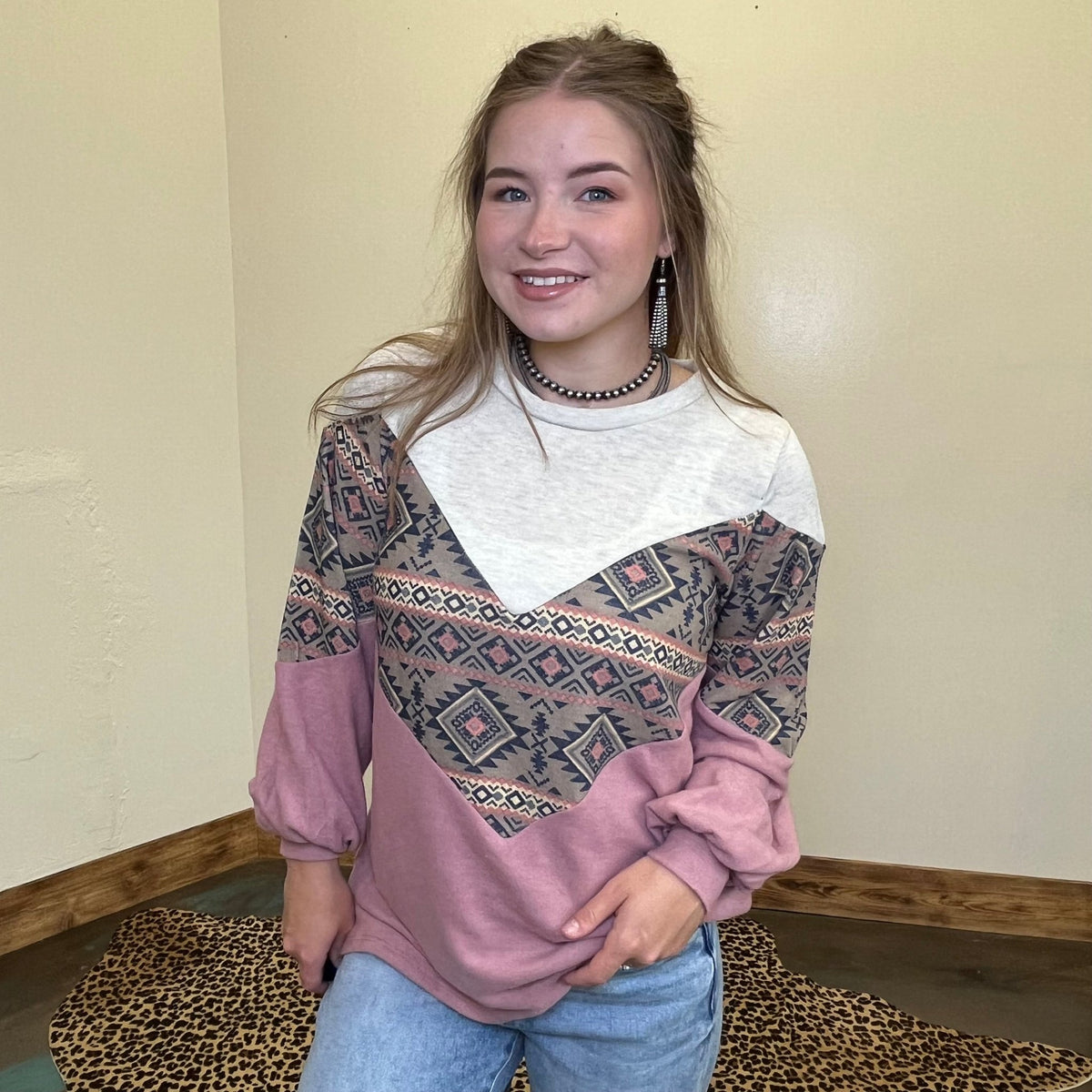 Mauve & Aztec Chevron Design Long Bubble Sleeve Top - Country Lace Boutique