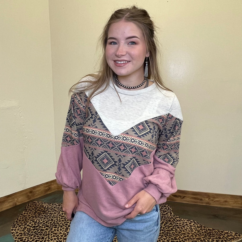 Mauve & Aztec Chevron Design Long Bubble Sleeve Top - Country Lace Boutique
