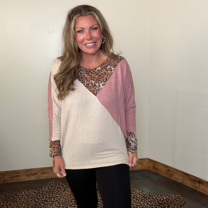 Mauve Tan & Leopard Dolman Long Sleeve Top - Country Lace Boutique