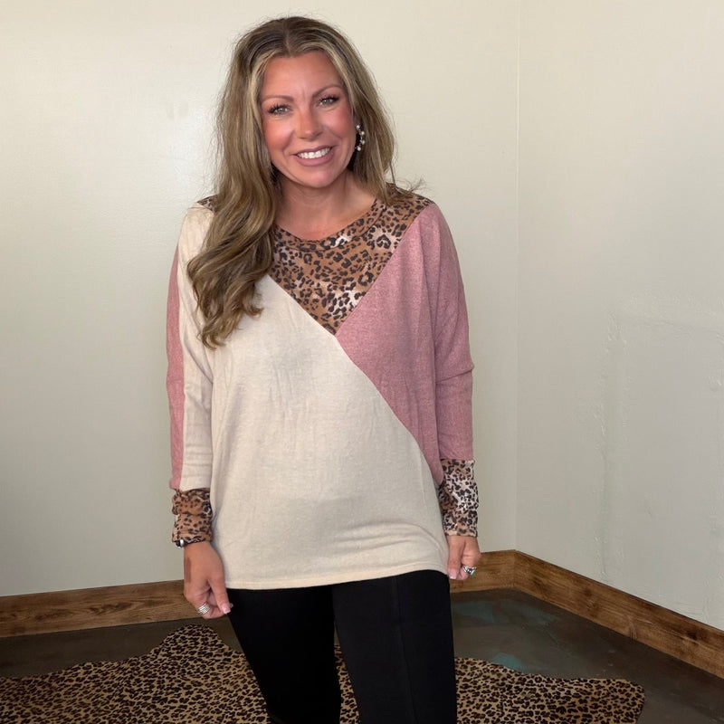 Mauve Tan & Leopard Dolman Long Sleeve Top - Country Lace Boutique