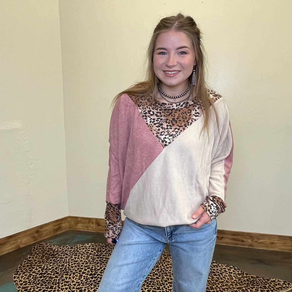 Mauve Tan & Leopard Dolman Long Sleeve Top - Country Lace Boutique