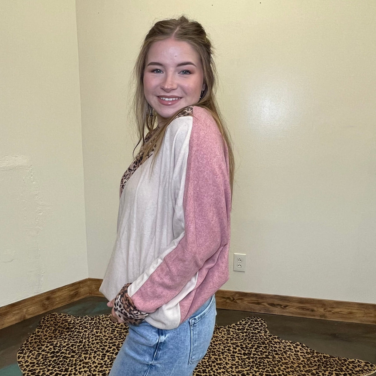 Mauve Tan & Leopard Dolman Long Sleeve Top - Country Lace Boutique