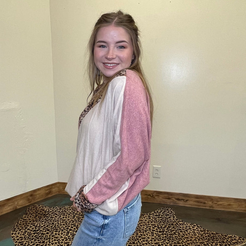 Mauve Tan & Leopard Dolman Long Sleeve Top - Country Lace Boutique