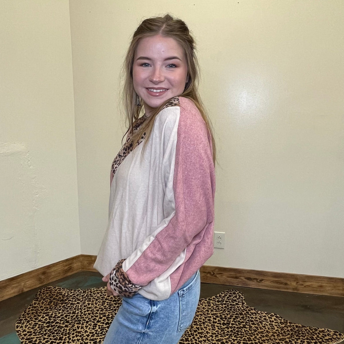 Mauve Tan & Leopard Dolman Long Sleeve Top - Country Lace Boutique