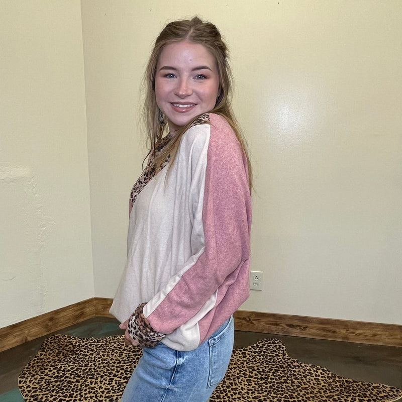 Mauve Tan & Leopard Dolman Long Sleeve Top - Country Lace Boutique