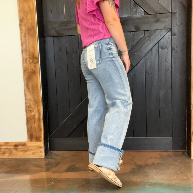 Medium Mid Rise Wide Jeans w/ Front Patch Pocket Risen Jeans - Country Lace Boutique