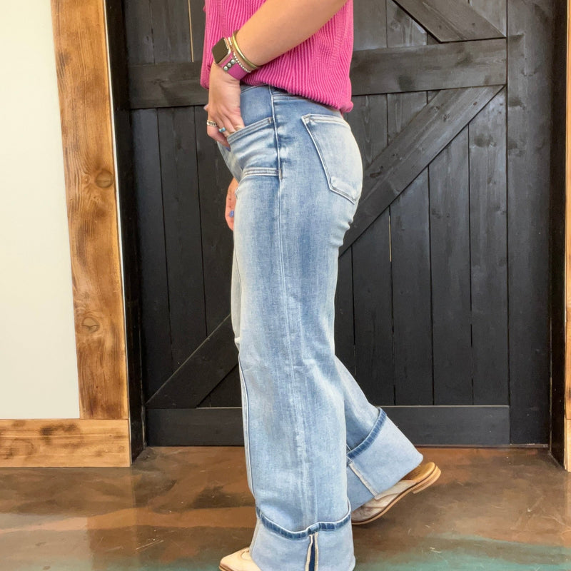 Medium Mid Rise Wide Jeans w/ Front Patch Pocket Risen Jeans - Country Lace Boutique