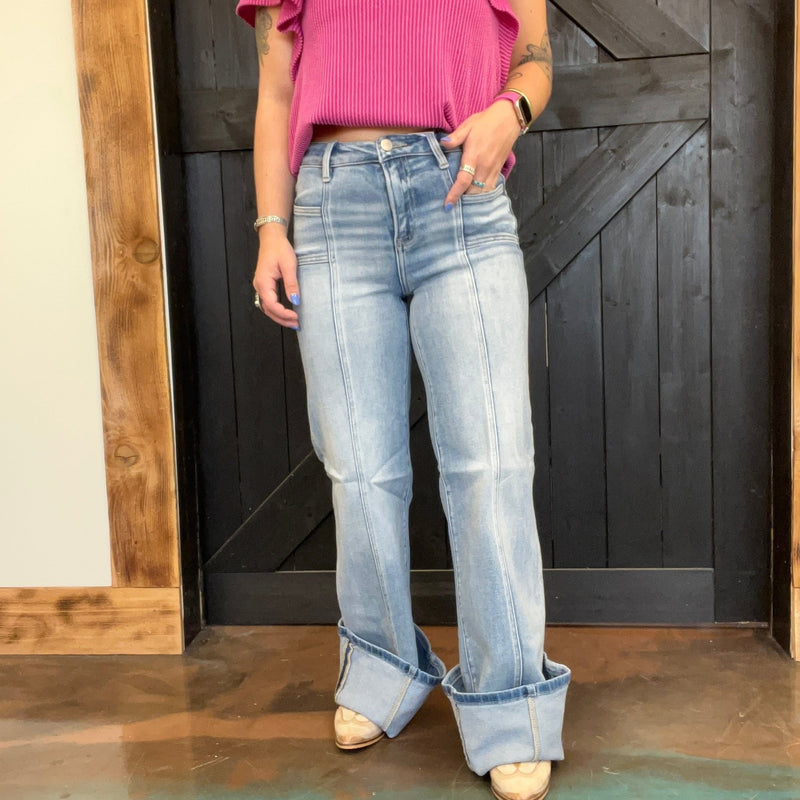 Medium Mid Rise Wide Jeans w/ Front Patch Pocket Risen Jeans - Country Lace Boutique