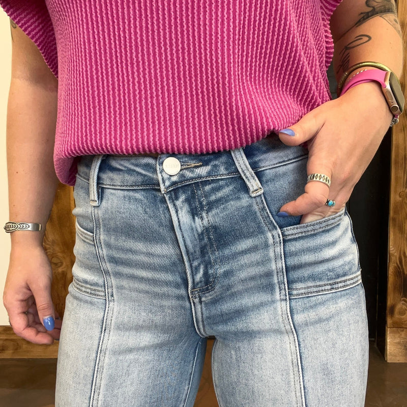 Medium Mid Rise Wide Jeans w/ Front Patch Pocket Risen Jeans - Country Lace Boutique