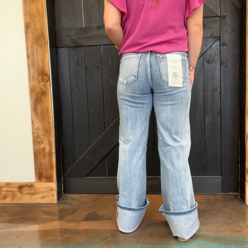 Medium Mid Rise Wide Jeans w/ Front Patch Pocket Risen Jeans - Country Lace Boutique