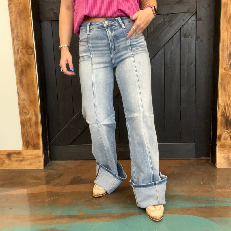 Medium Mid Rise Wide Jeans w/ Front Patch Pocket Risen Jeans - Country Lace Boutique