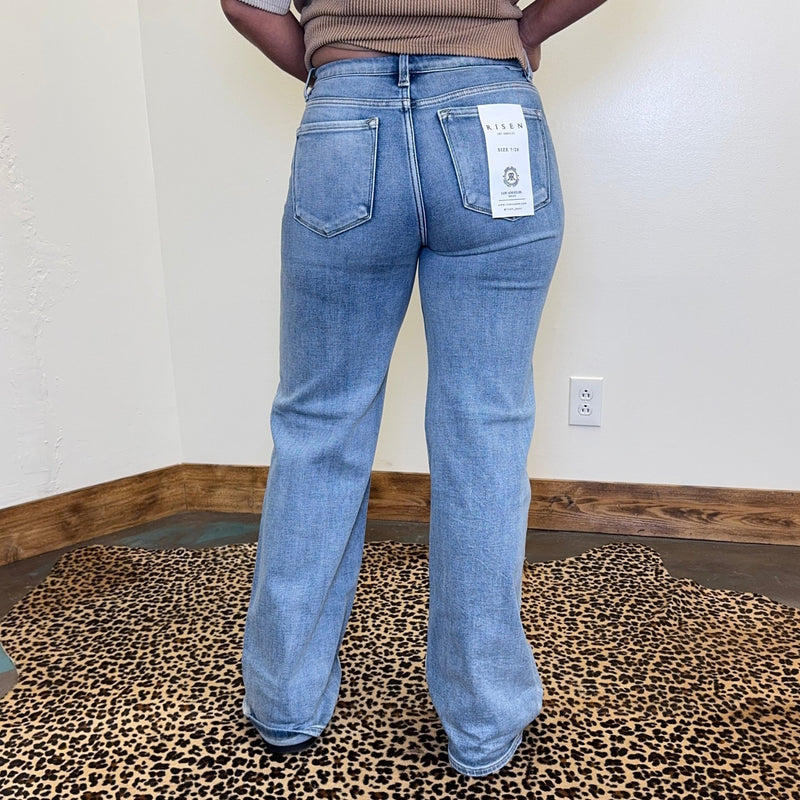 Medium Mid Rise Wide Jeans w/ Front Patch Pocket Risen Jeans - Country Lace Boutique