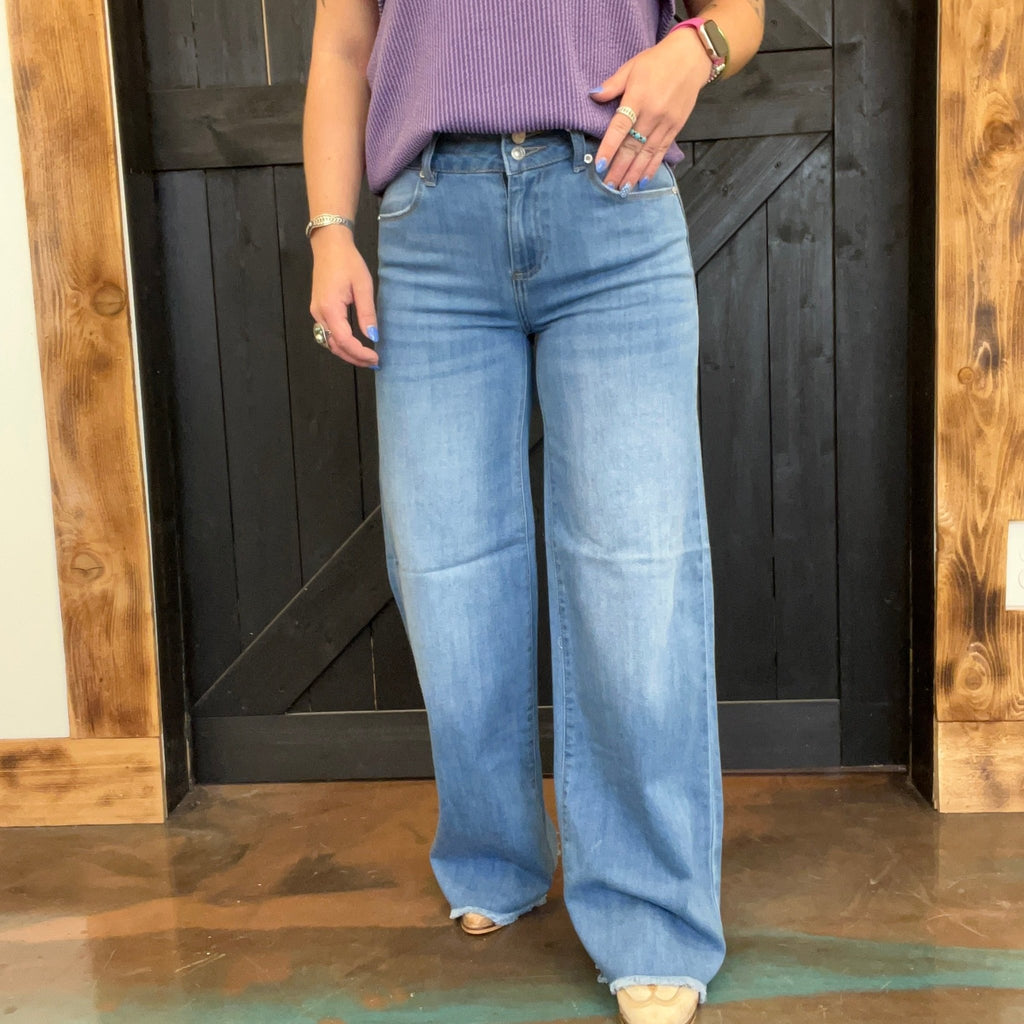 Medium Mid Rise Wide Leg with Fray Hem Jeans - Country Lace Boutique