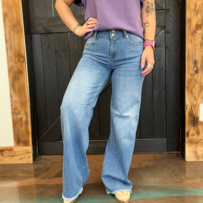 Medium Mid Rise Wide Leg with Fray Hem Jeans - Country Lace Boutique