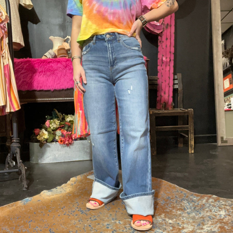 Medium Some Distressing Risen Trouser Leg Jeans - Country Lace Boutique