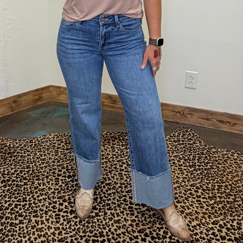 Medium Wash Boyfriend Fit Big Cuff Risen Jeans - Country Lace Boutique