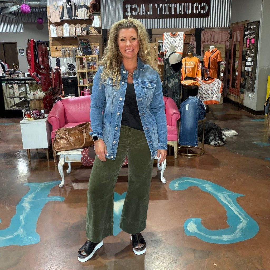 Medium Wash Denim Long Trucker Jacket - Country Lace Boutique