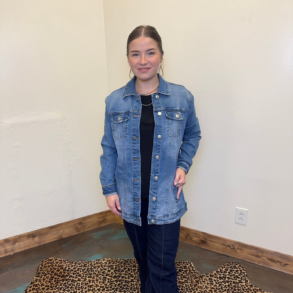 Medium Wash Denim Long Trucker Jacket - Country Lace Boutique