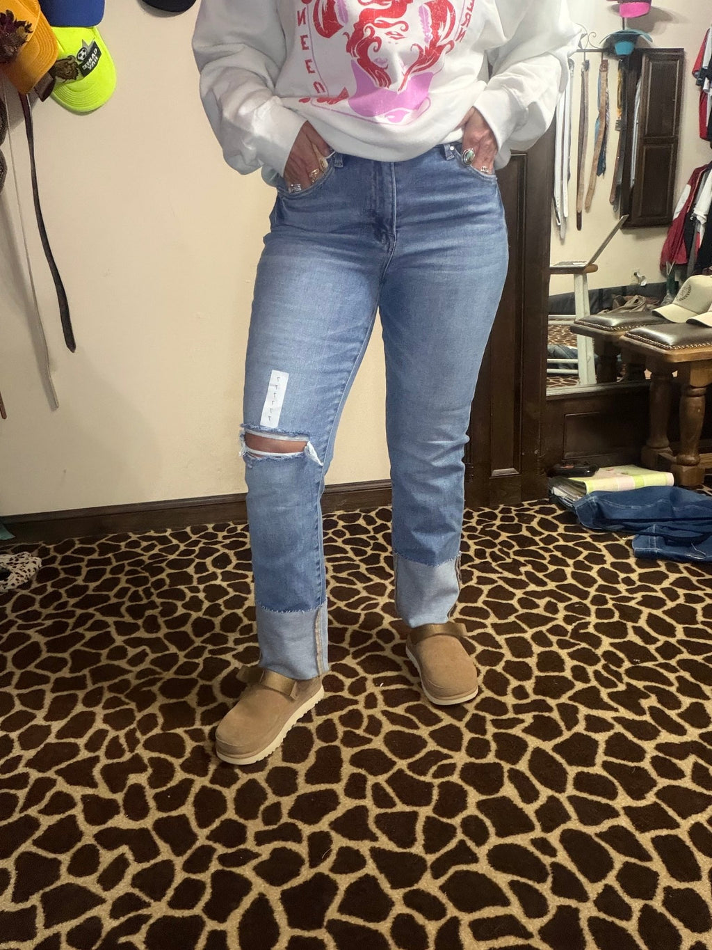 Medium Wash High Rise Distressed Knee Straight - Wide Cuffed Risen Jeans - Country Lace Boutique