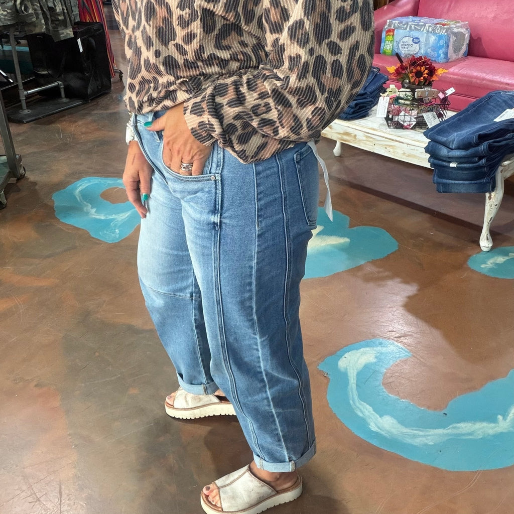 Medium Wash Mid Rise Cropped Barrel Risen Jeans - Country Lace Boutique