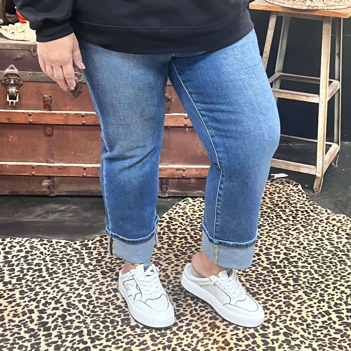 Medium Wash No Hole Risen Straight Cuffed Perfect Jeans - Country Lace Boutique