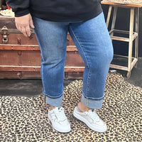 Medium Wash No Hole Risen Straight Cuffed Perfect Jeans - Country Lace Boutique