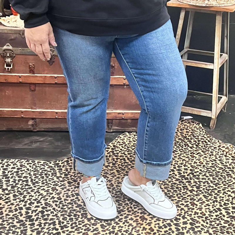 Medium Wash No Hole Risen Straight Cuffed Perfect Jeans - Country Lace Boutique