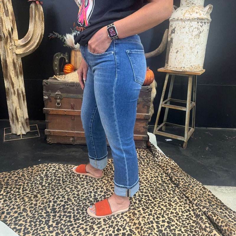 Medium Wash No Hole Risen Straight Cuffed Perfect Jeans - Country Lace Boutique