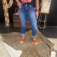 Medium Wash No Hole Risen Straight Cuffed Perfect Jeans - Country Lace Boutique