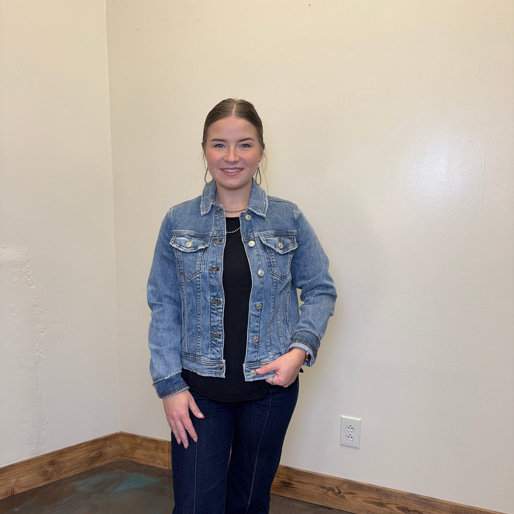 Medium Wash Raw Denim Fitted Short Jacket - Country Lace Boutique