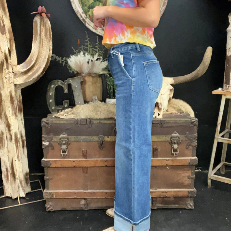 Medium Wash Tummy Control High Rise Ankle Wide Cuffed Jeans - Country Lace Boutique