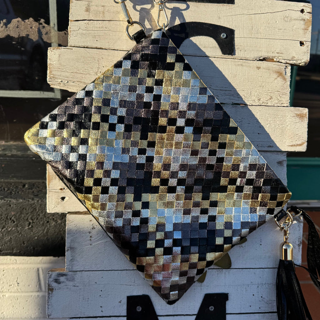 Metallic Black Gold, & Silver Woven Purse w/ Long & Wristlet Strap - Country Lace Boutique