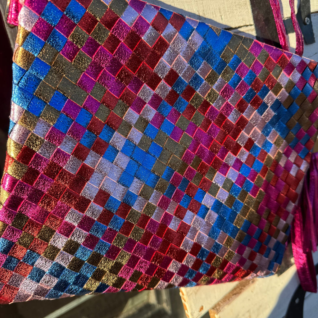Metallic Hot Pink Gold, & Blue Woven Purse w/ Long & Wristlet Strap - Country Lace Boutique