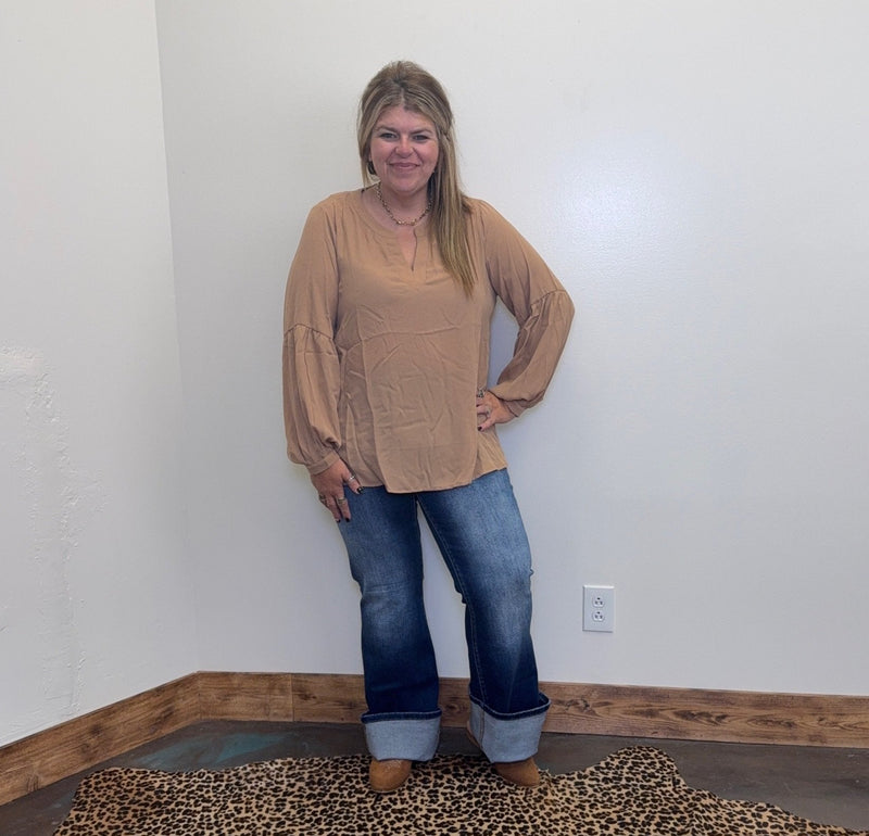 Mocha V Neck with Bubble Long Sleeve Blouse Top - Country Lace Boutique