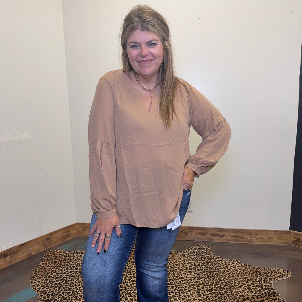 Mocha V Neck with Bubble Long Sleeve Blouse Top - Country Lace Boutique